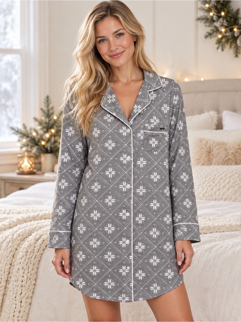NWOT BearPaw Grey Snowflake Print Button-Front Nightshirt Size Medium